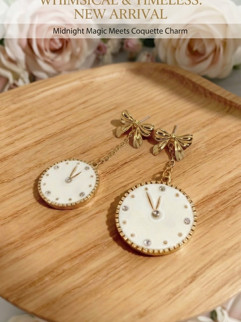 Gold Bow Drop Earrings with White Clock Face Discs